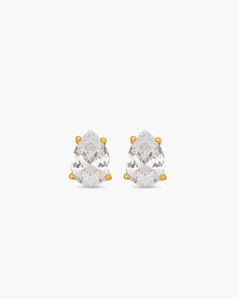 Pair of pear-shaped crystal earrings with gold accents on a white background